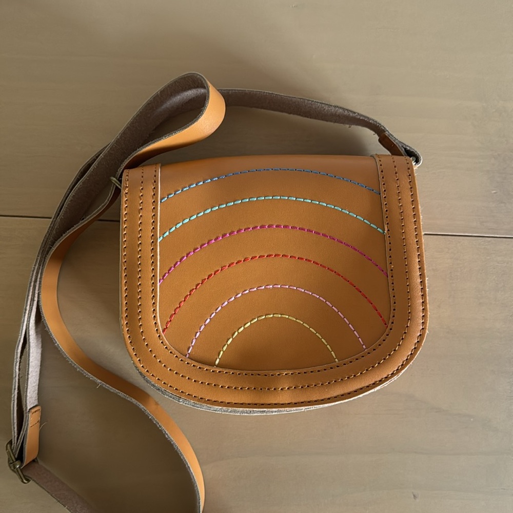 Target little girls tan purse with rainbow stitch